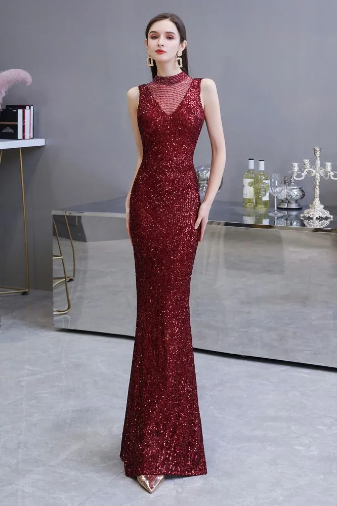 Elegant Illusion neck Burgundy Sleeveless Mermaid Prom Party Gowns