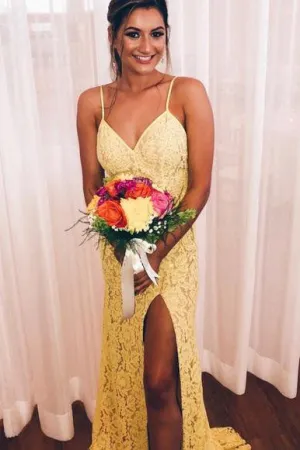 Elegant Mermaid Yellow Lace Evening Dress with High Slit