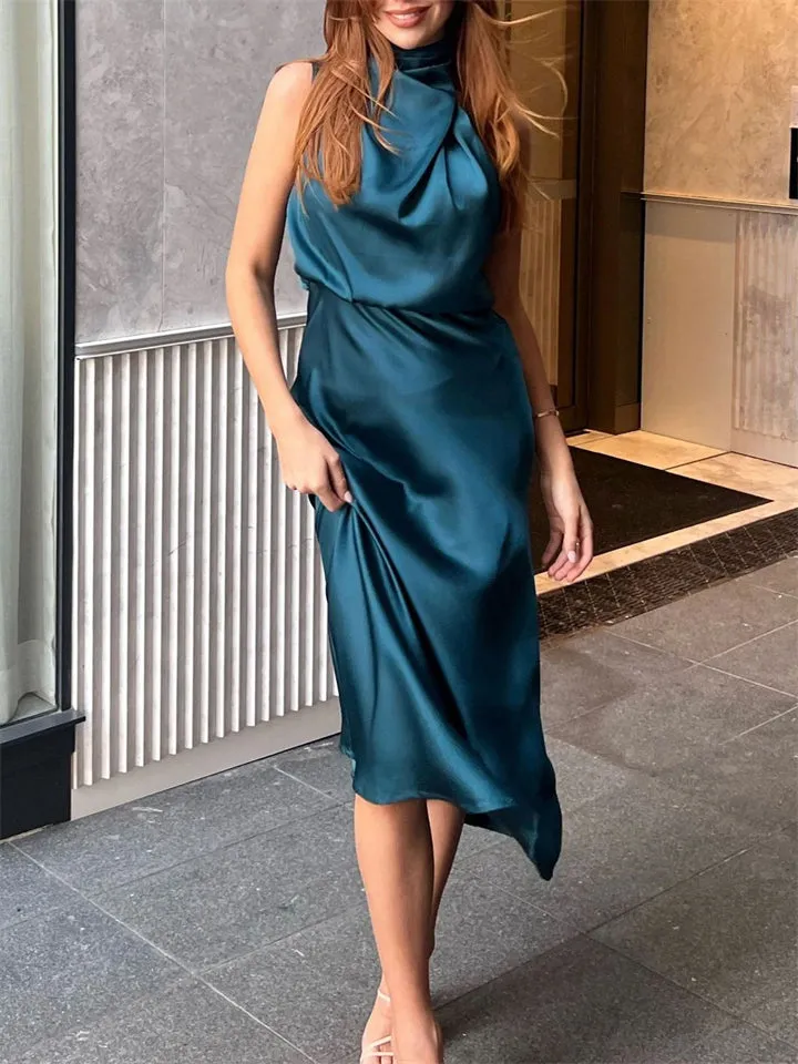 Elegant Sleeveless Silky Soft Halter Cocktail Dress for Lady