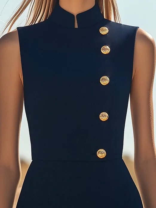 Elegant Stand Collar Slim Fit Navy Blue Sleeveless Midi Dress