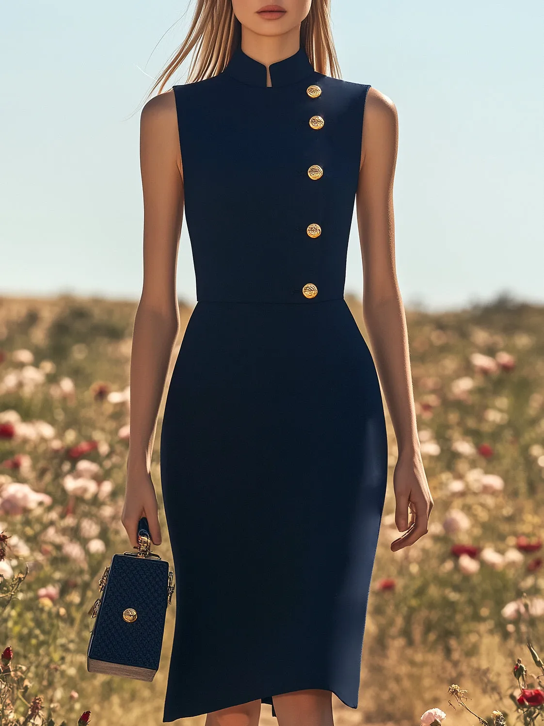 Elegant Stand Collar Slim Fit Navy Blue Sleeveless Midi Dress