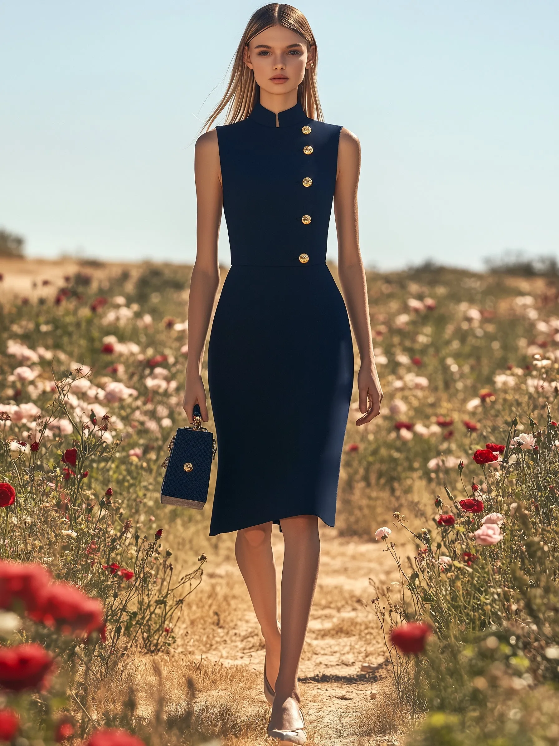 Elegant Stand Collar Slim Fit Navy Blue Sleeveless Midi Dress