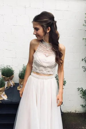 Elegant tulle two pieces beads long prom dress, evening dress