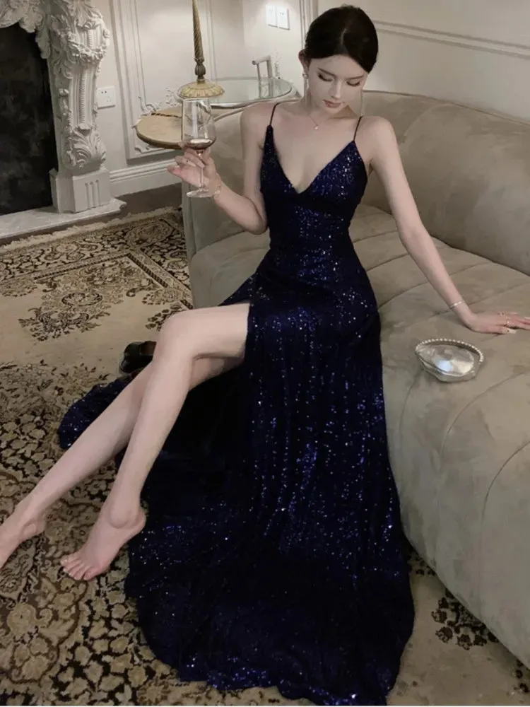 Elegant V-Neck Sequin Graduation Prom Maxi Dress Sexy Backless Split Bandage Runway Luxury Formal Evening Dress