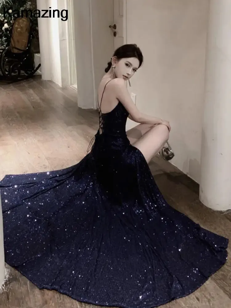 Elegant V-Neck Sequin Graduation Prom Maxi Dress Sexy Backless Split Bandage Runway Luxury Formal Evening Dress