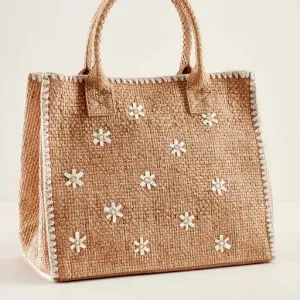 Embroidered Large Raffia Tote Bag