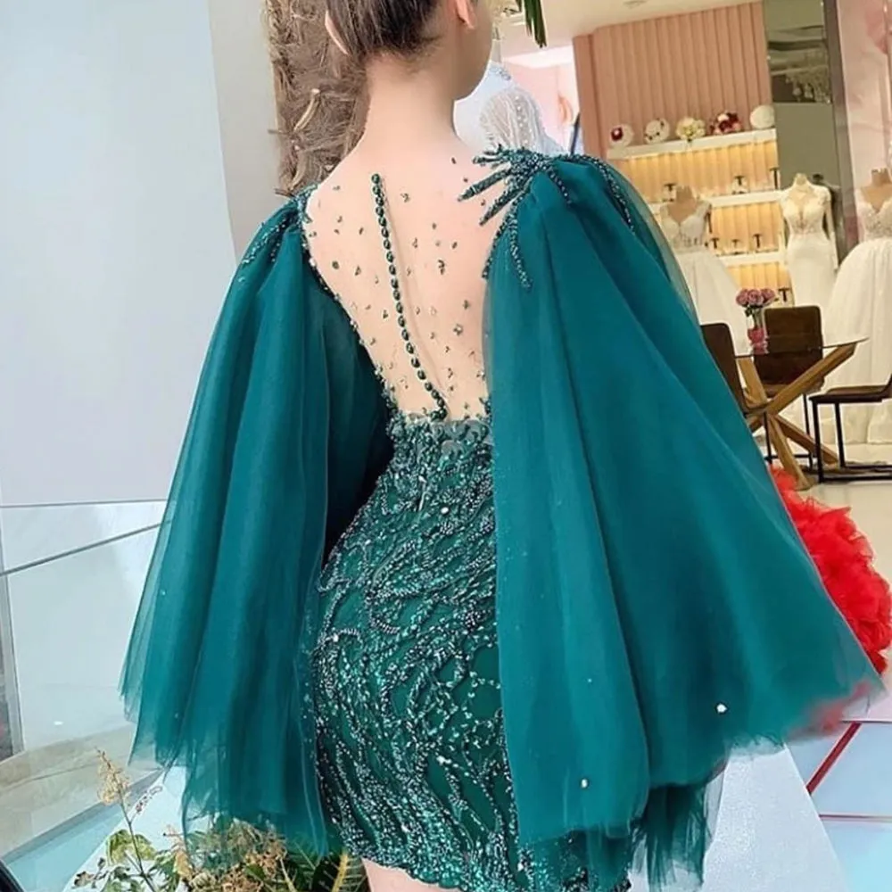 emerald green evening dresses short flare sleeve luxury beaded mermaid modest evening gown