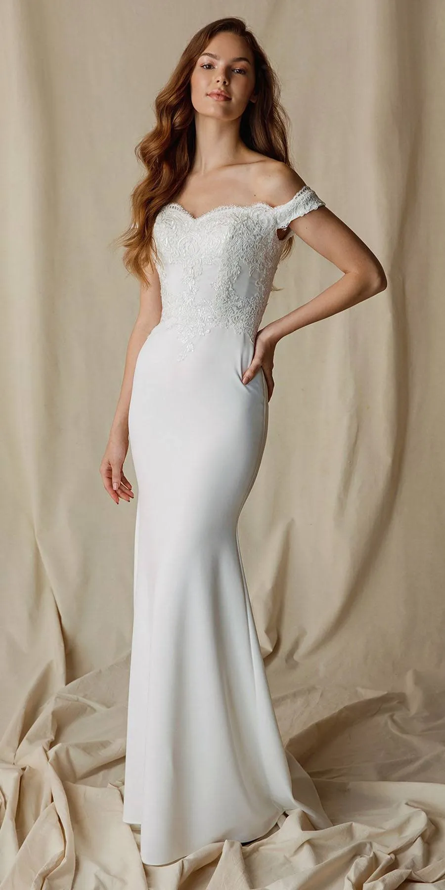 Eureka 7100 Lace Appliqued Bodice Long Dress Off-Shoulder