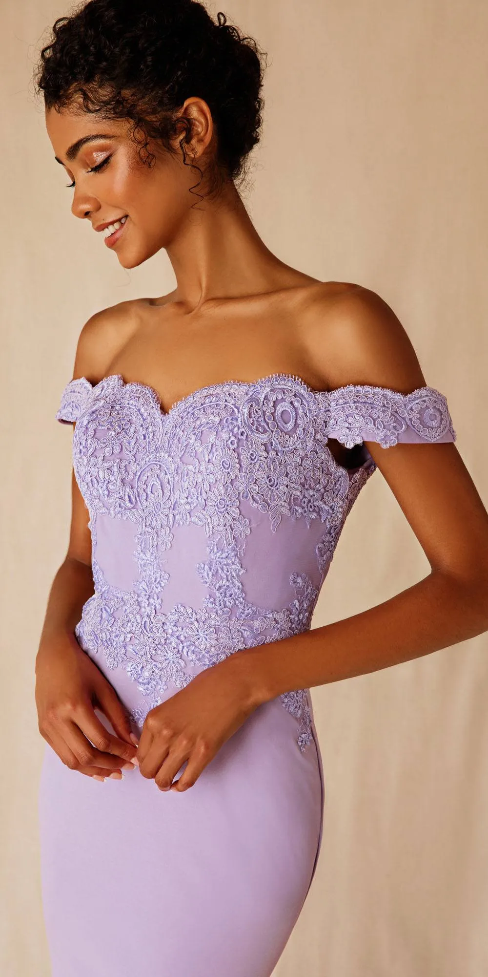 Eureka 7100 Lace Appliqued Bodice Long Dress Off-Shoulder