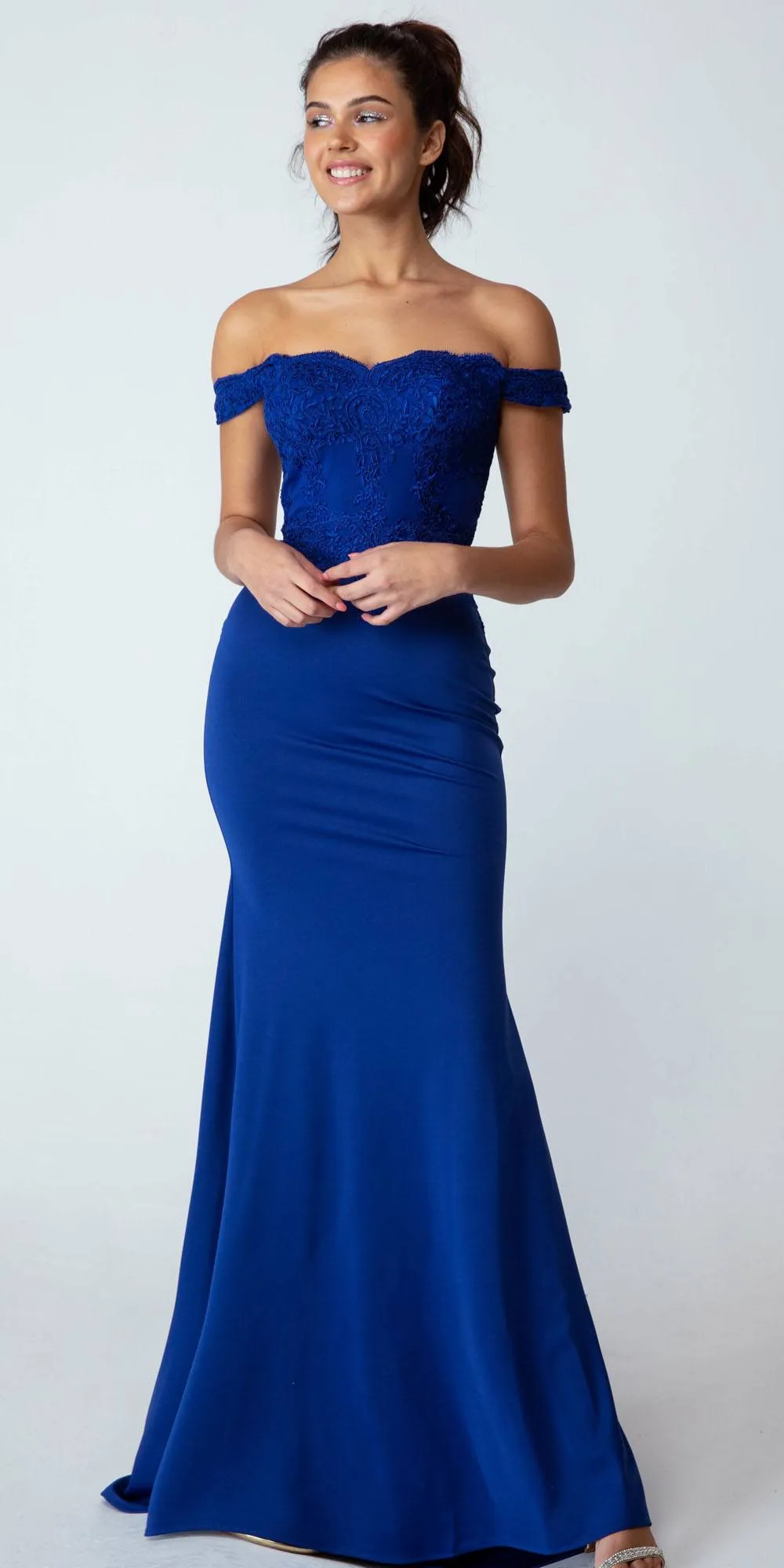 Eureka 7100 Lace Appliqued Bodice Long Dress Off-Shoulder
