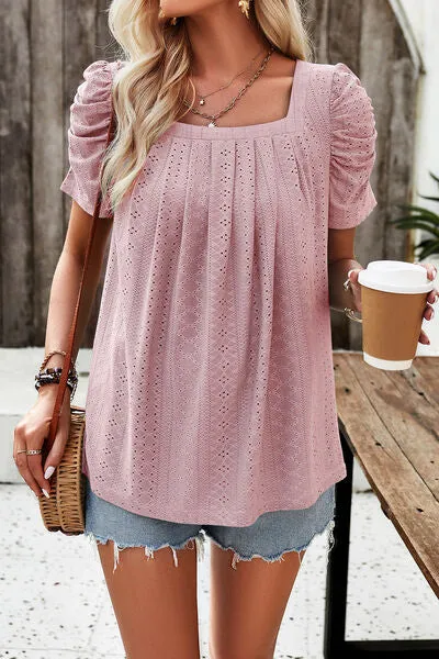 Eyelet Square Neck Puff Sleeve Top (6 Colors)