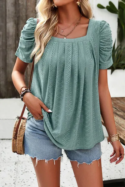 Eyelet Square Neck Puff Sleeve Top (6 Colors)