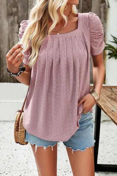 Eyelet Square Neck Puff Sleeve Top (6 Colors)