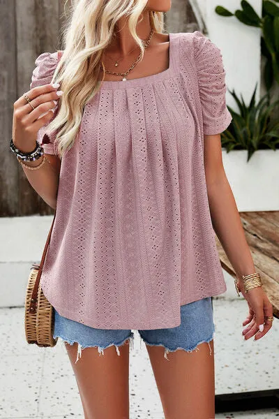 Eyelet Square Neck Puff Sleeve Top (6 Colors)