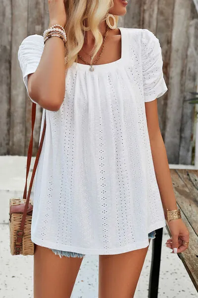 Eyelet Square Neck Puff Sleeve Top (6 Colors)
