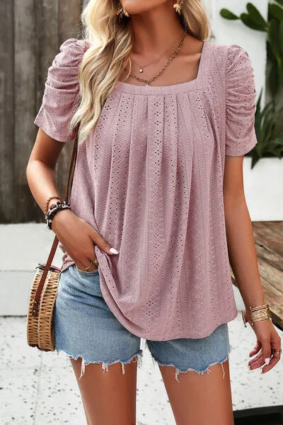 Eyelet Square Neck Puff Sleeve Top (6 Colors)