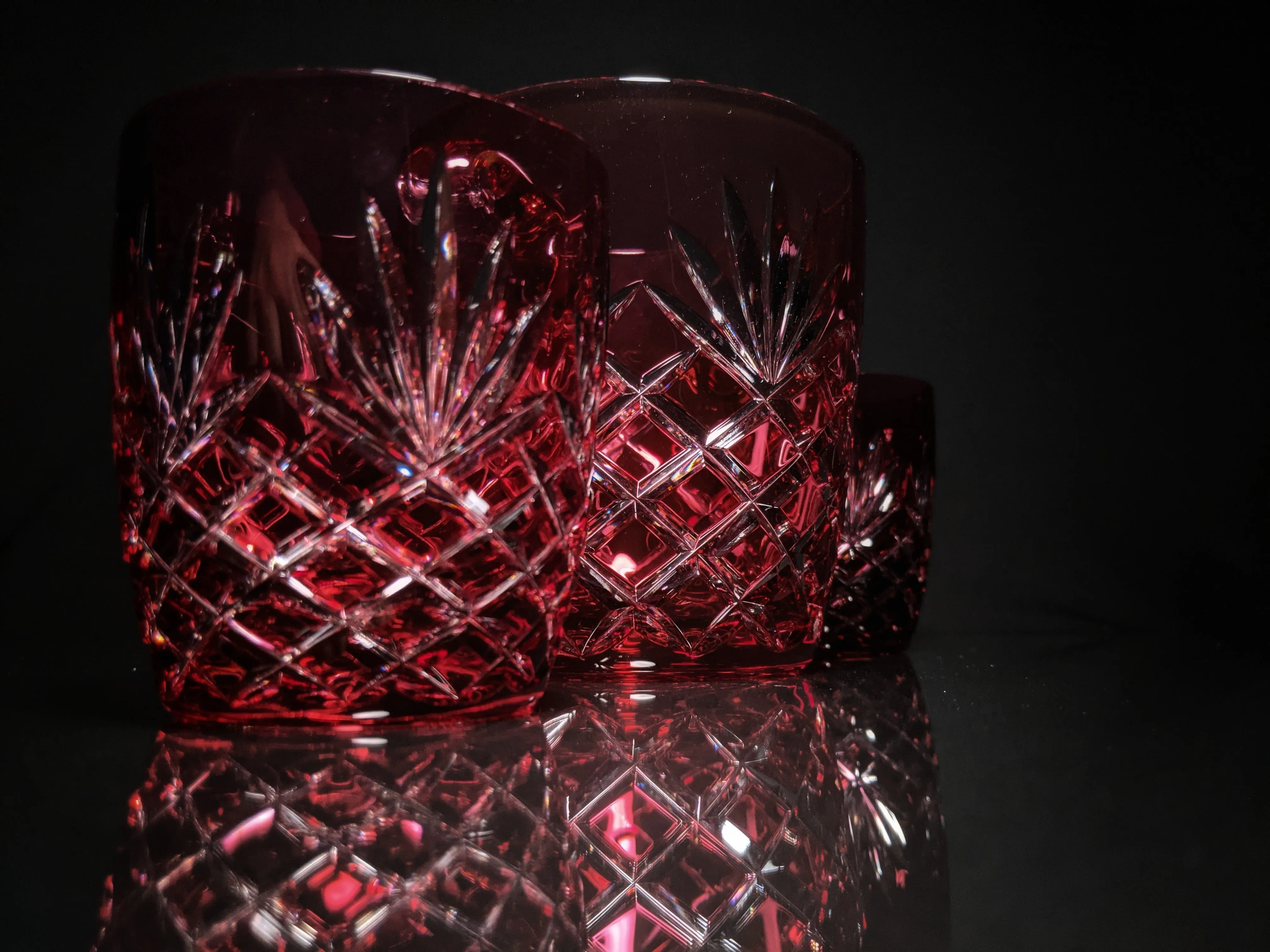 Faberge Odessa  Red Crystal Ice Bucket and Highball Glasses