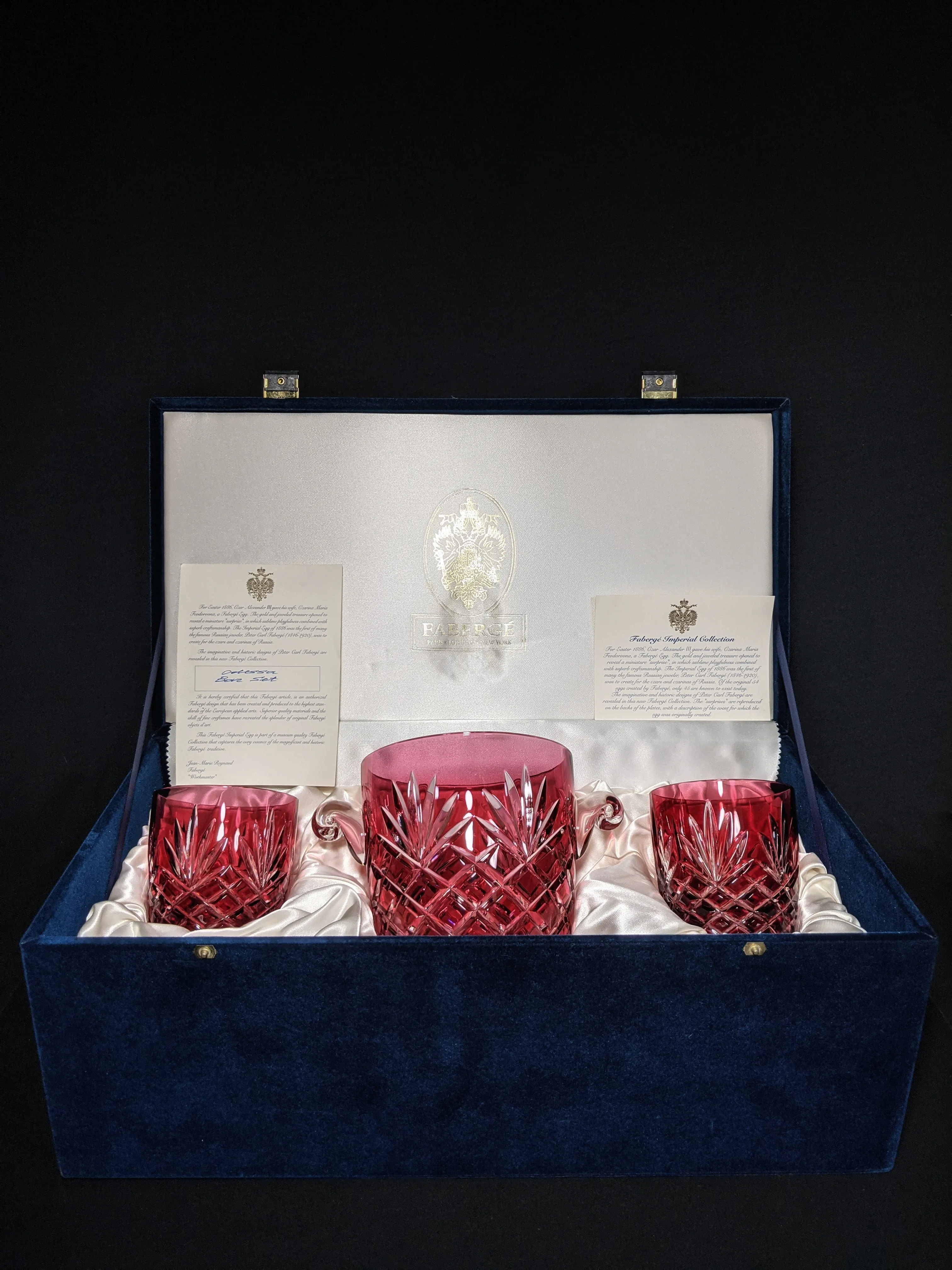 Faberge Odessa  Red Crystal Ice Bucket and Highball Glasses