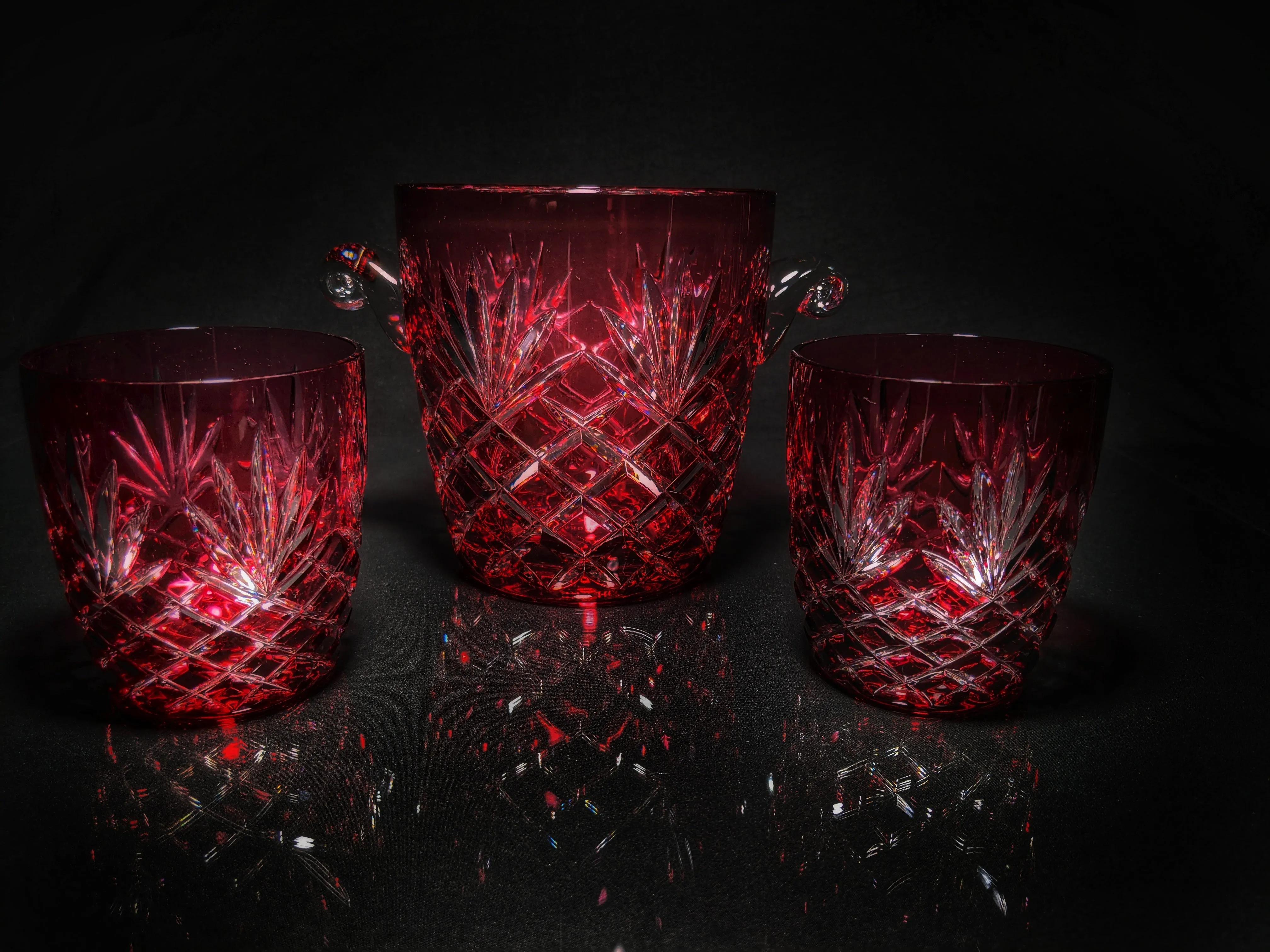 Faberge Odessa  Red Crystal Ice Bucket and Highball Glasses
