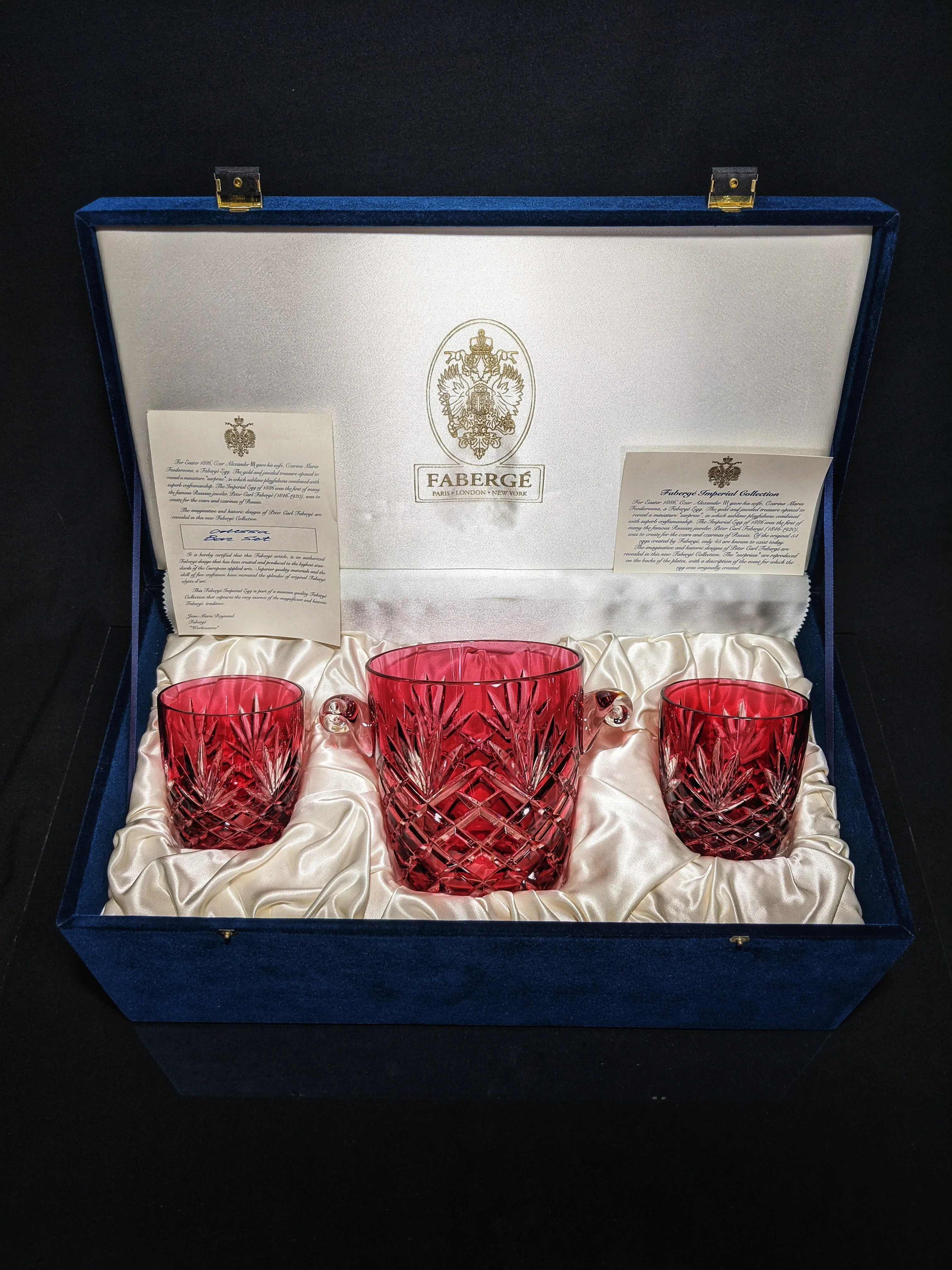 Faberge Odessa  Red Crystal Ice Bucket and Highball Glasses