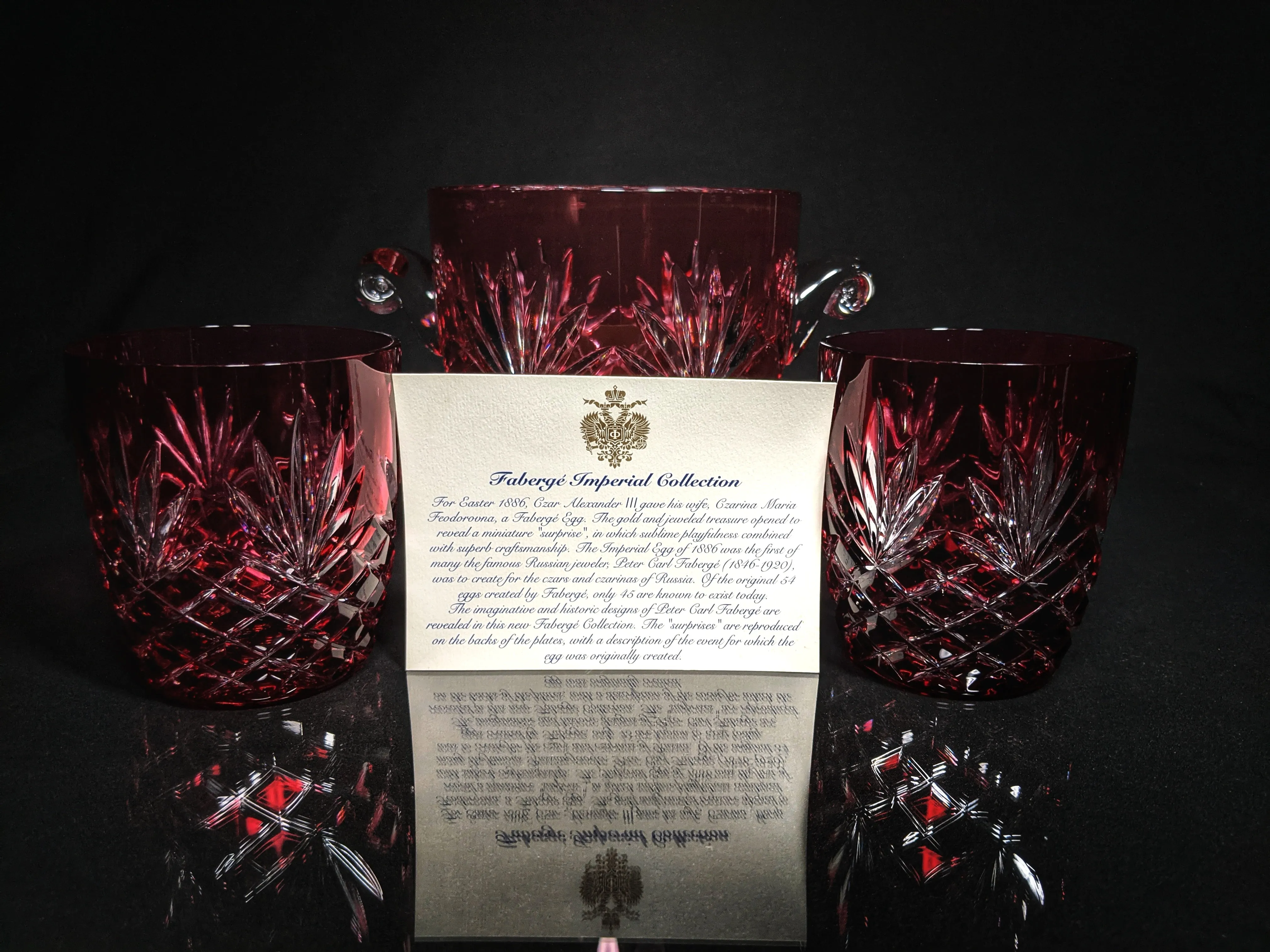 Faberge Odessa  Red Crystal Ice Bucket and Highball Glasses