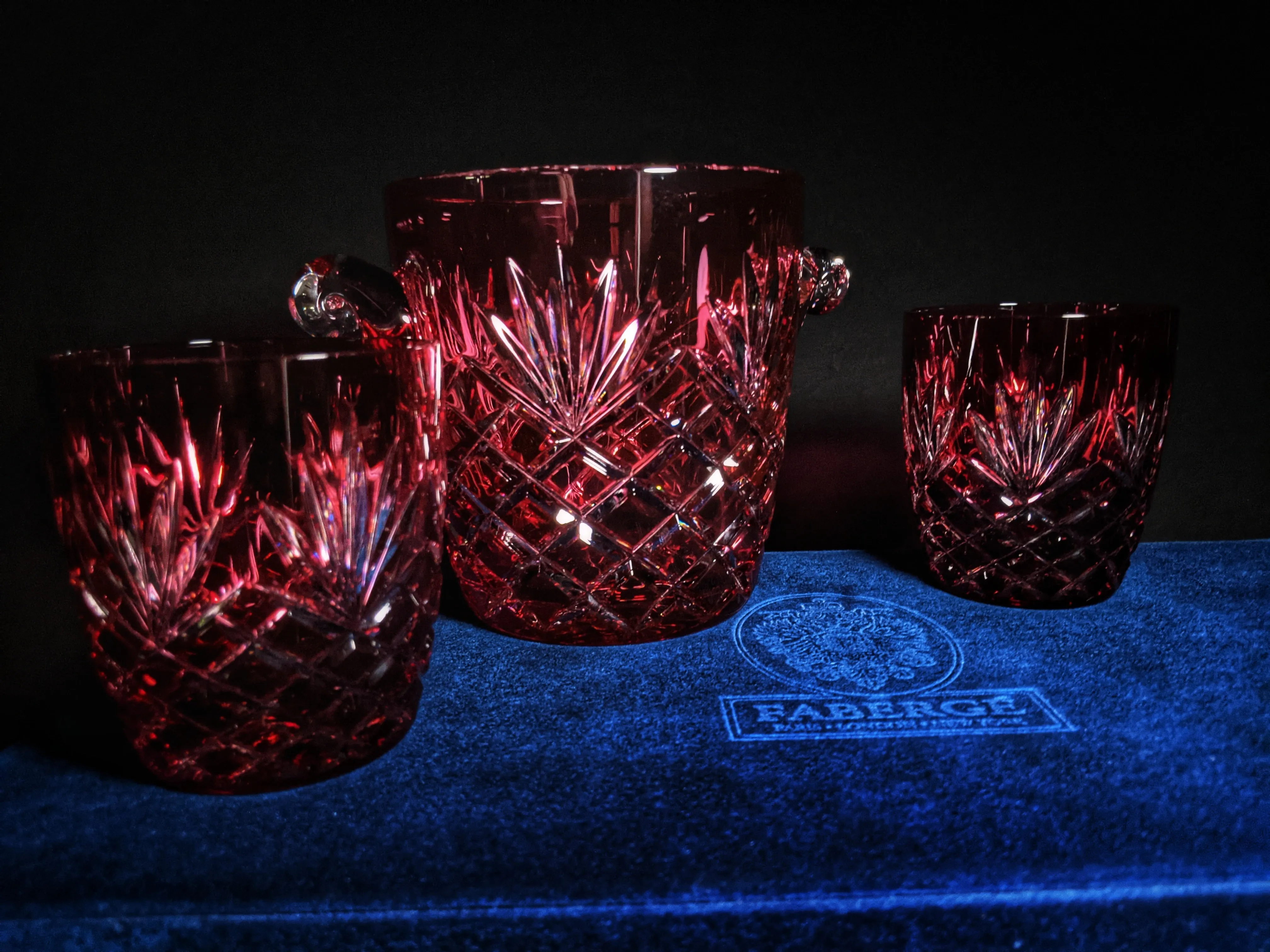 Faberge Odessa  Red Crystal Ice Bucket and Highball Glasses