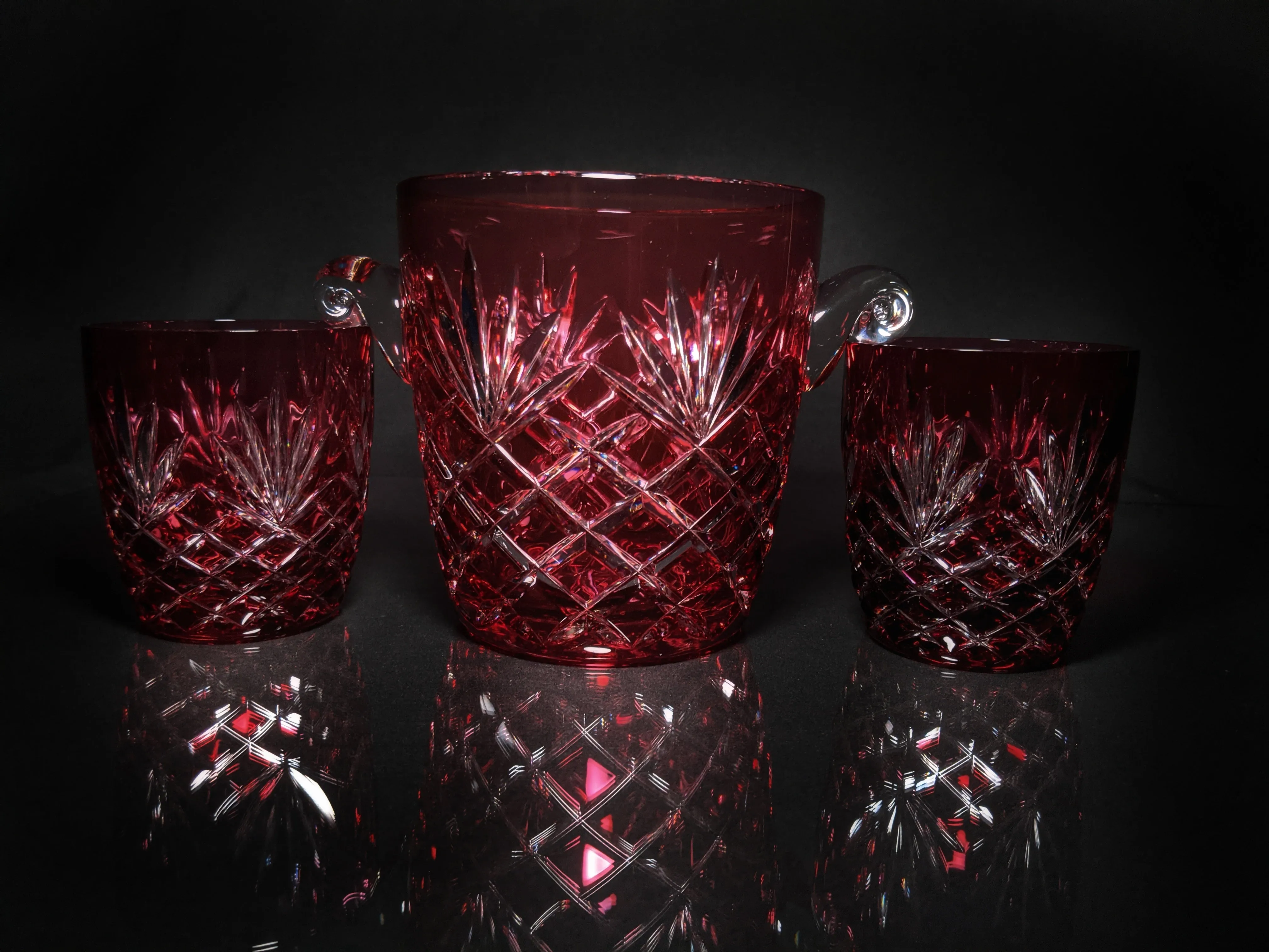 Faberge Odessa  Red Crystal Ice Bucket and Highball Glasses