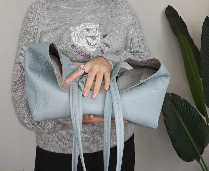Fashion Womens Blue Leather Oversize Tote Bag Lighter Blue Shoulder Tote Bag Handbag Tote For Women