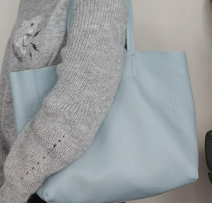 Fashion Womens Blue Leather Oversize Tote Bag Lighter Blue Shoulder Tote Bag Handbag Tote For Women