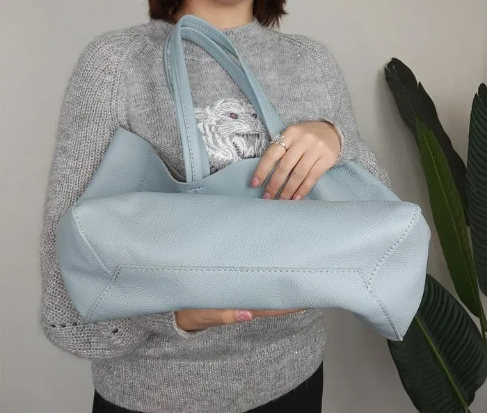 Fashion Womens Blue Leather Oversize Tote Bag Lighter Blue Shoulder Tote Bag Handbag Tote For Women