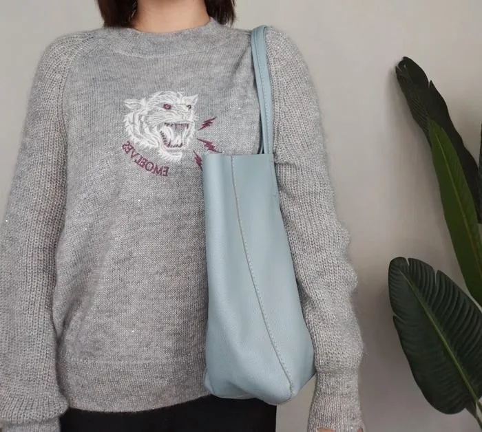 Fashion Womens Blue Leather Oversize Tote Bag Lighter Blue Shoulder Tote Bag Handbag Tote For Women