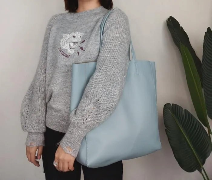 Fashion Womens Blue Leather Oversize Tote Bag Lighter Blue Shoulder Tote Bag Handbag Tote For Women