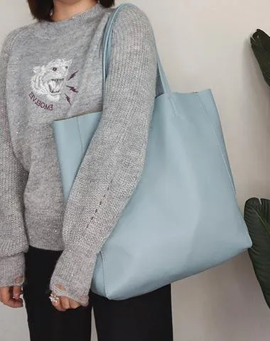 Fashion Womens Blue Leather Oversize Tote Bag Lighter Blue Shoulder Tote Bag Handbag Tote For Women
