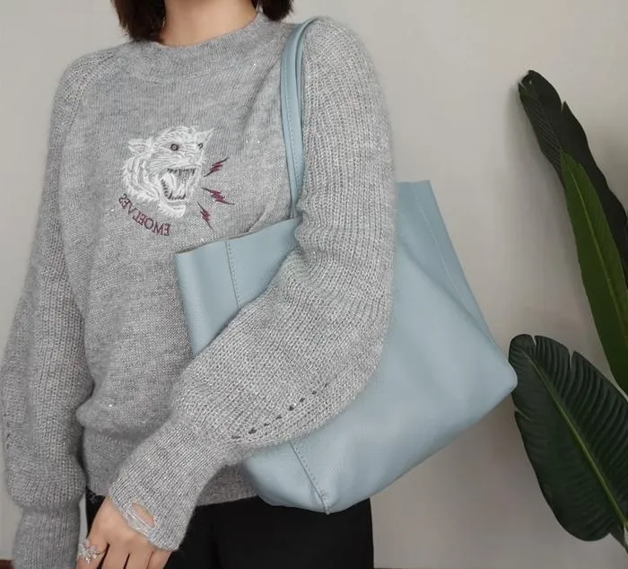 Fashion Womens Blue Leather Oversize Tote Bag Lighter Blue Shoulder Tote Bag Handbag Tote For Women