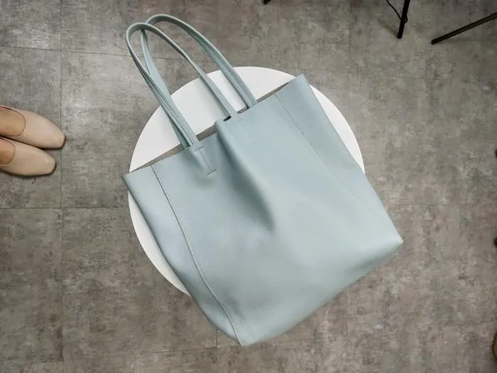 Fashion Womens Blue Leather Oversize Tote Bag Lighter Blue Shoulder Tote Bag Handbag Tote For Women