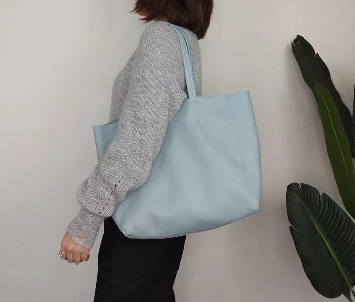 Fashion Womens Blue Leather Oversize Tote Bag Lighter Blue Shoulder Tote Bag Handbag Tote For Women