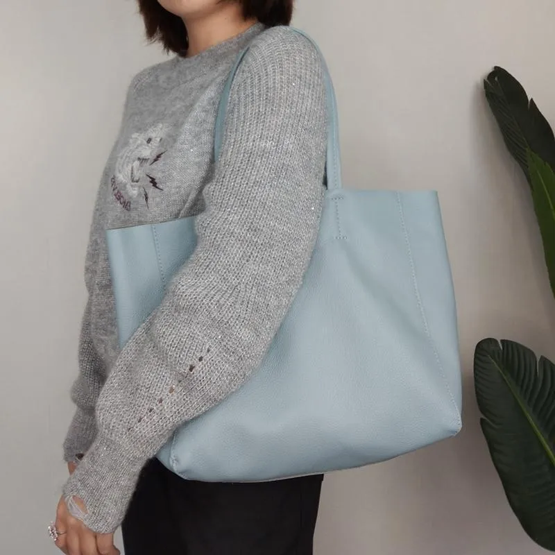 Fashion Womens Blue Leather Oversize Tote Bag Lighter Blue Shoulder Tote Bag Handbag Tote For Women