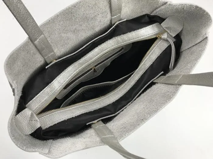 Fashion Womens Silver Leather Oversize Tote Bag Silver Shoulder Tote Bag Silver Handbag Tote For Women
