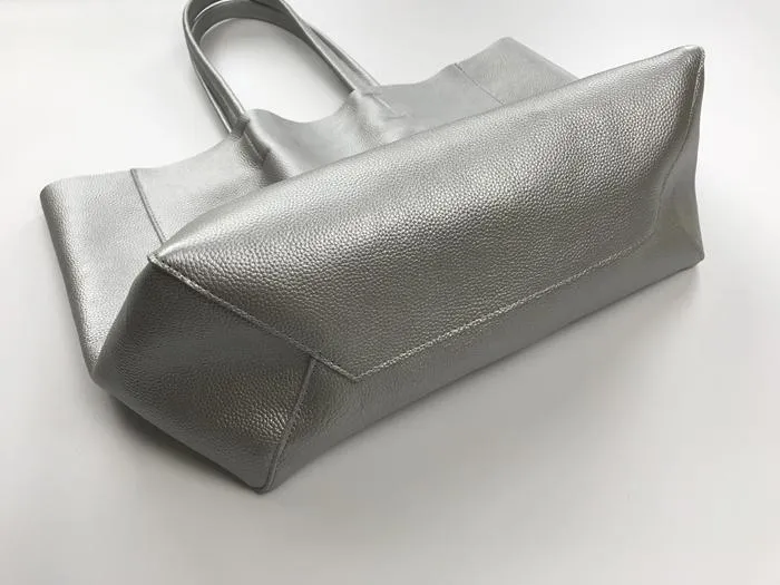 Fashion Womens Silver Leather Oversize Tote Bag Silver Shoulder Tote Bag Silver Handbag Tote For Women