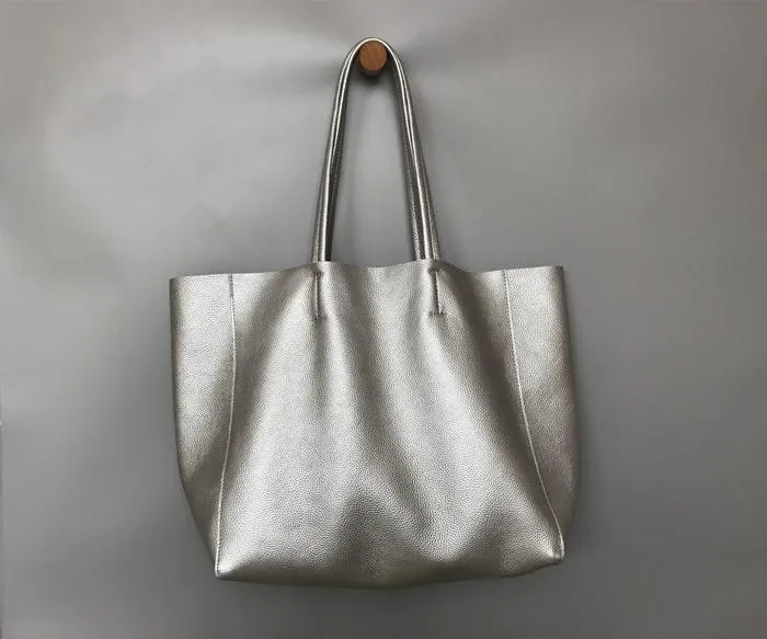 Fashion Womens Silver Leather Oversize Tote Bag Silver Shoulder Tote Bag Silver Handbag Tote For Women