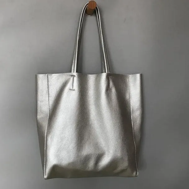 Fashion Womens Silver Leather Oversize Tote Bag Silver Shoulder Tote Bag Silver Handbag Tote For Women