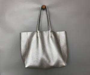 Fashion Womens Silver Leather Oversize Tote Bag Silver Shoulder Tote Bag Silver Handbag Tote For Women