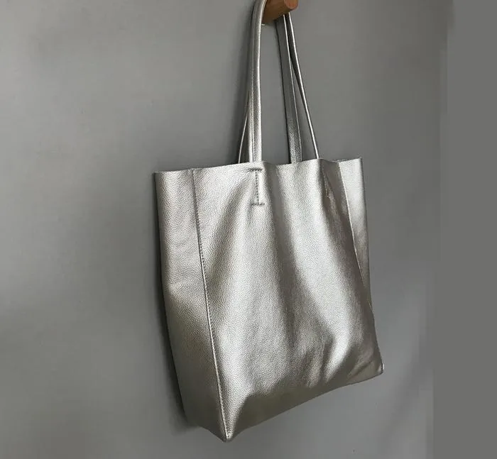 Fashion Womens Silver Leather Oversize Tote Bag Silver Shoulder Tote Bag Silver Handbag Tote For Women