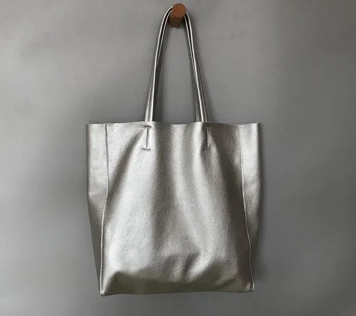 Fashion Womens Silver Leather Oversize Tote Bag Silver Shoulder Tote Bag Silver Handbag Tote For Women