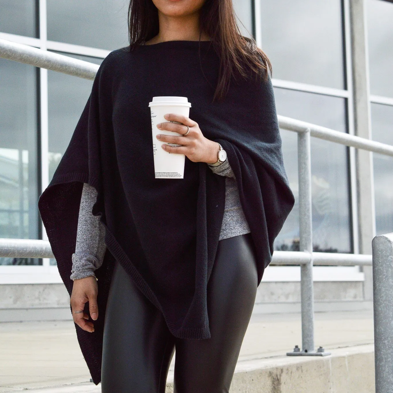 Faux Cashmere Poncho | Black