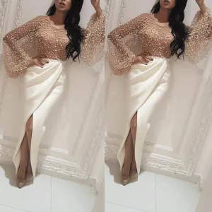 flare sleeve beaded evening dresses long mermaid peals ivory modest cheap formal dresses casemento