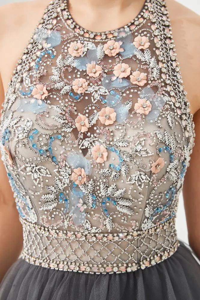 Floral Halter Evening Dress with Sparkle Beads Trendy Gray Mother of the bride Dress with watermelon and blue decorations