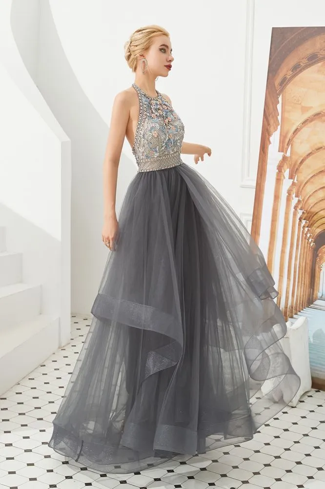 Floral Halter Evening Dress with Sparkle Beads Trendy Gray Mother of the bride Dress with watermelon and blue decorations