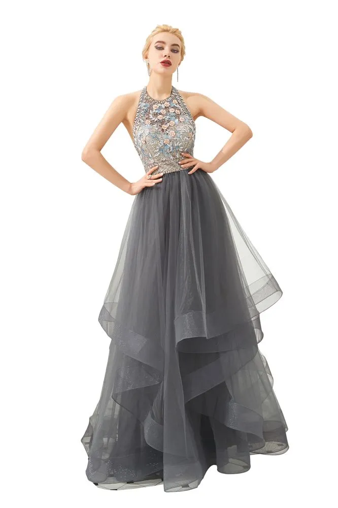 Floral Halter Evening Dress with Sparkle Beads Trendy Gray Mother of the bride Dress with watermelon and blue decorations