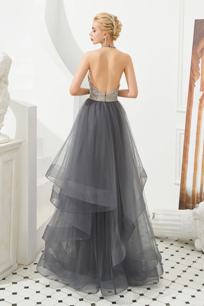 Floral Halter Evening Dress with Sparkle Beads Trendy Gray Mother of the bride Dress with watermelon and blue decorations